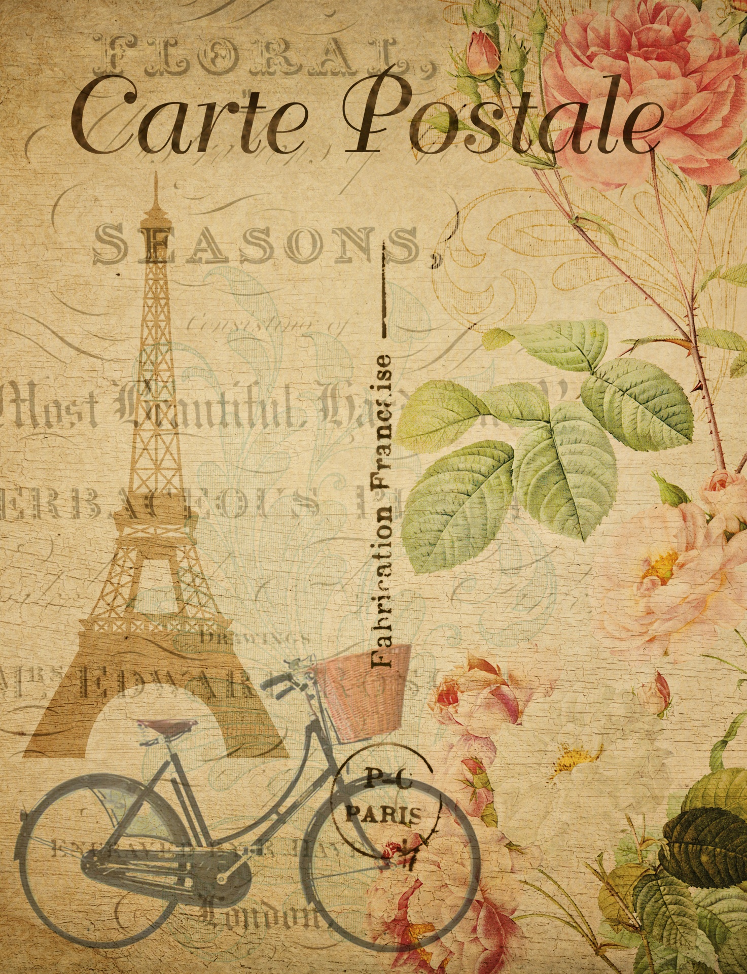 Vintage,  Eifelio & Nbsp,  Bokštas,  Paris,  Prancūzų Kalba,  Atvirukas,  Senas,  Gėlių,  Gėlės,  Fonas