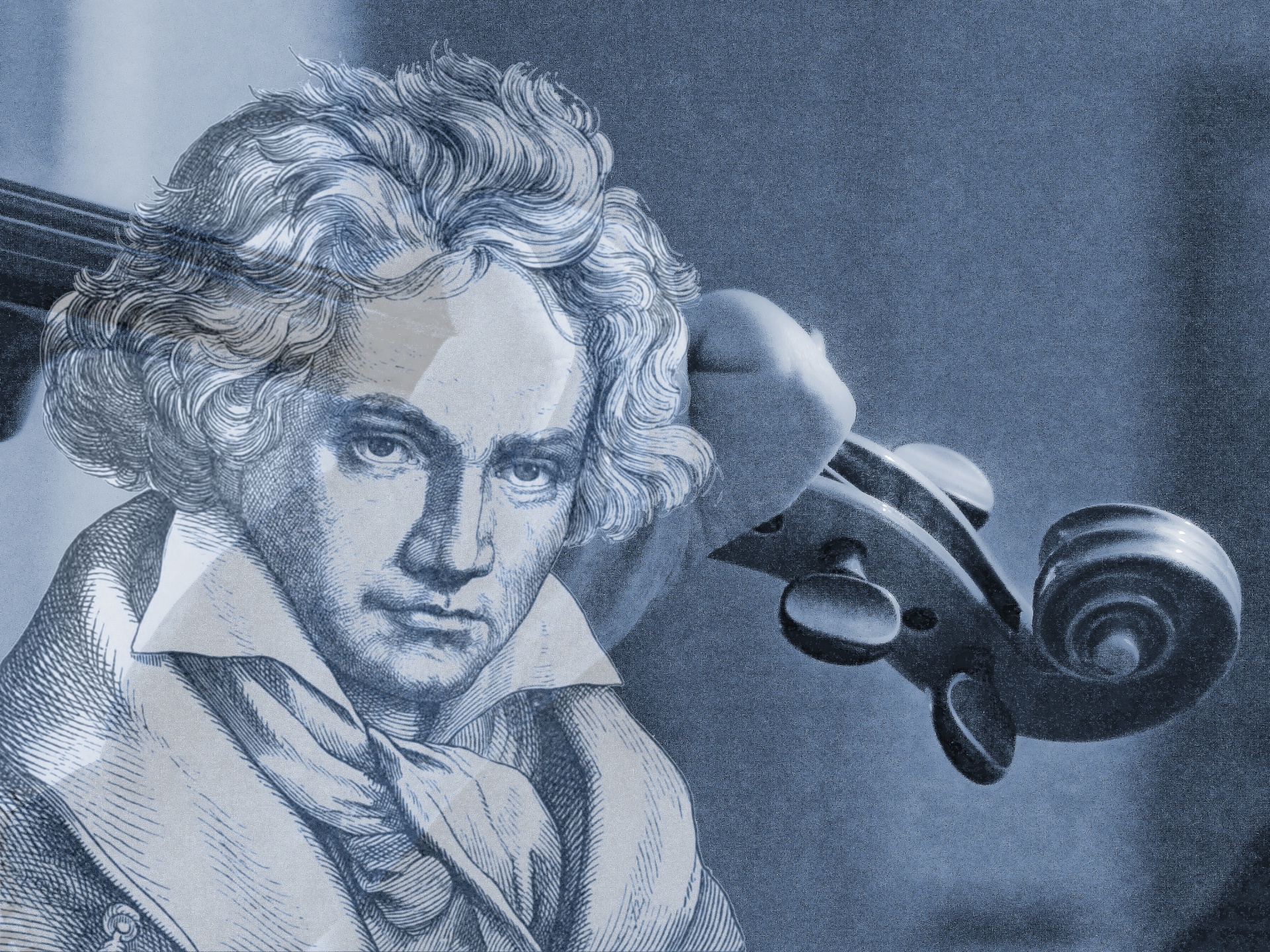 Beethovenas,  Smuikininkas,  Sluoksniuota,  Mėlynas,  Cianotype,  Smuikininkas Groja Su Bethovenu, Nemokamos Nuotraukos,  Nemokama Licenzija