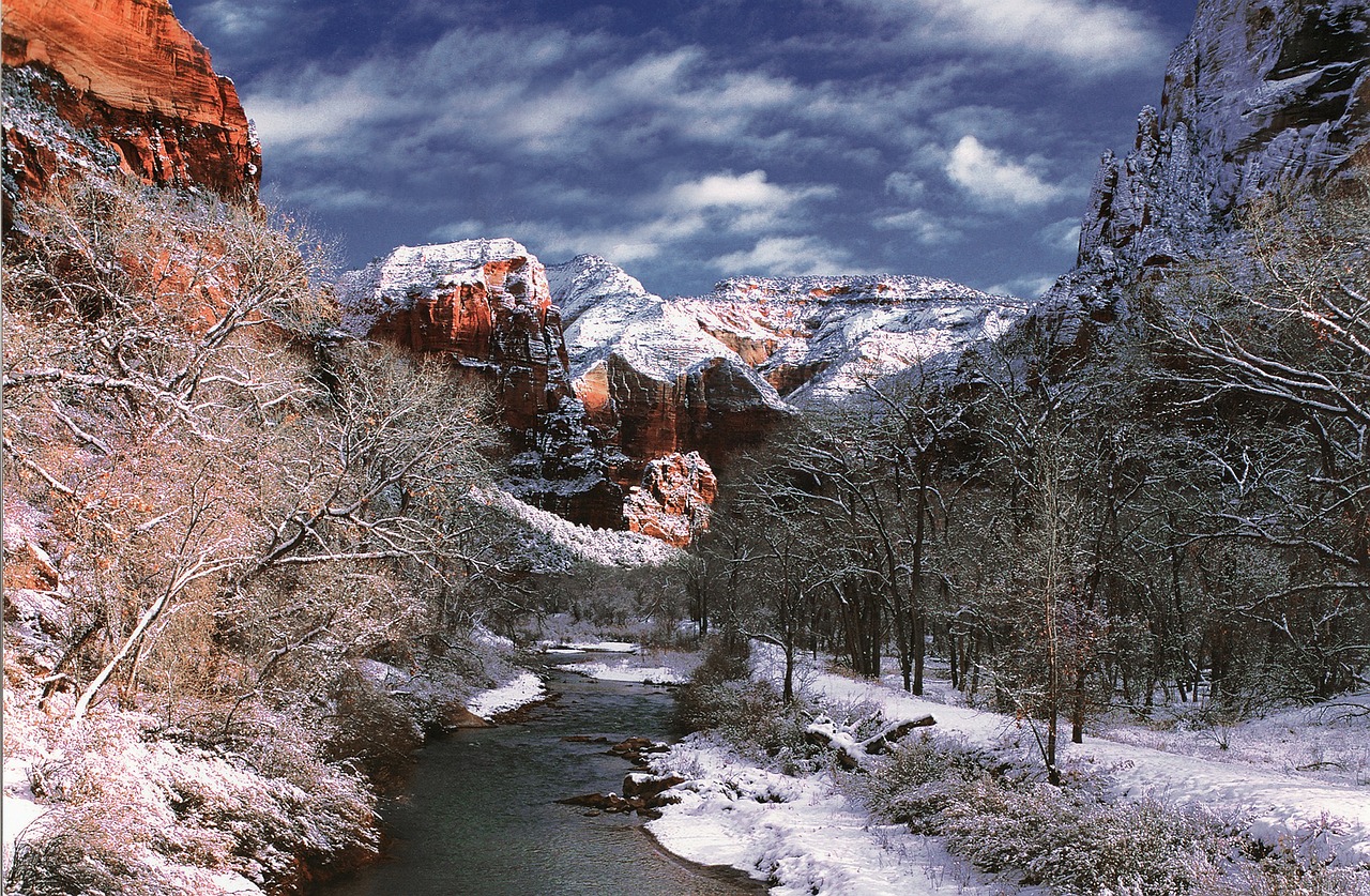 Upė, Sion Nacionalinis Parkas, Rokas, Utah, Usa, Kanjonas, Žiema, Sniegas, Peizažas, Kraštovaizdis