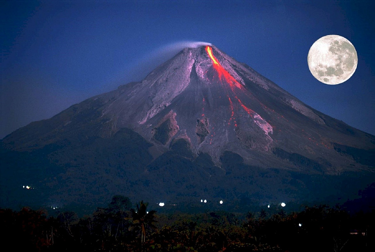 Vulkanas, Išsiveržimas, Pilnatis, Kalnas, Mt Merapi, Indonezija, Išsiveržimas, Lava, Srautas, Kraštovaizdis