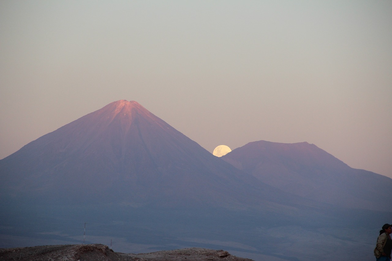 Vulkanas, Licancabur, San Pedro De Atacama, Gamta, Mėnulis, Pilnas, Saulėlydis, Dangus, Kraštovaizdis, Kalnai
