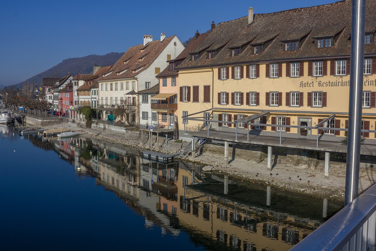 Vanduo, Stein Am Rhein, Schaffhausen, Šveicarija, Ežeras, Dangus, Žiema, Bankas, Upės Kraštovaizdis, Rinas