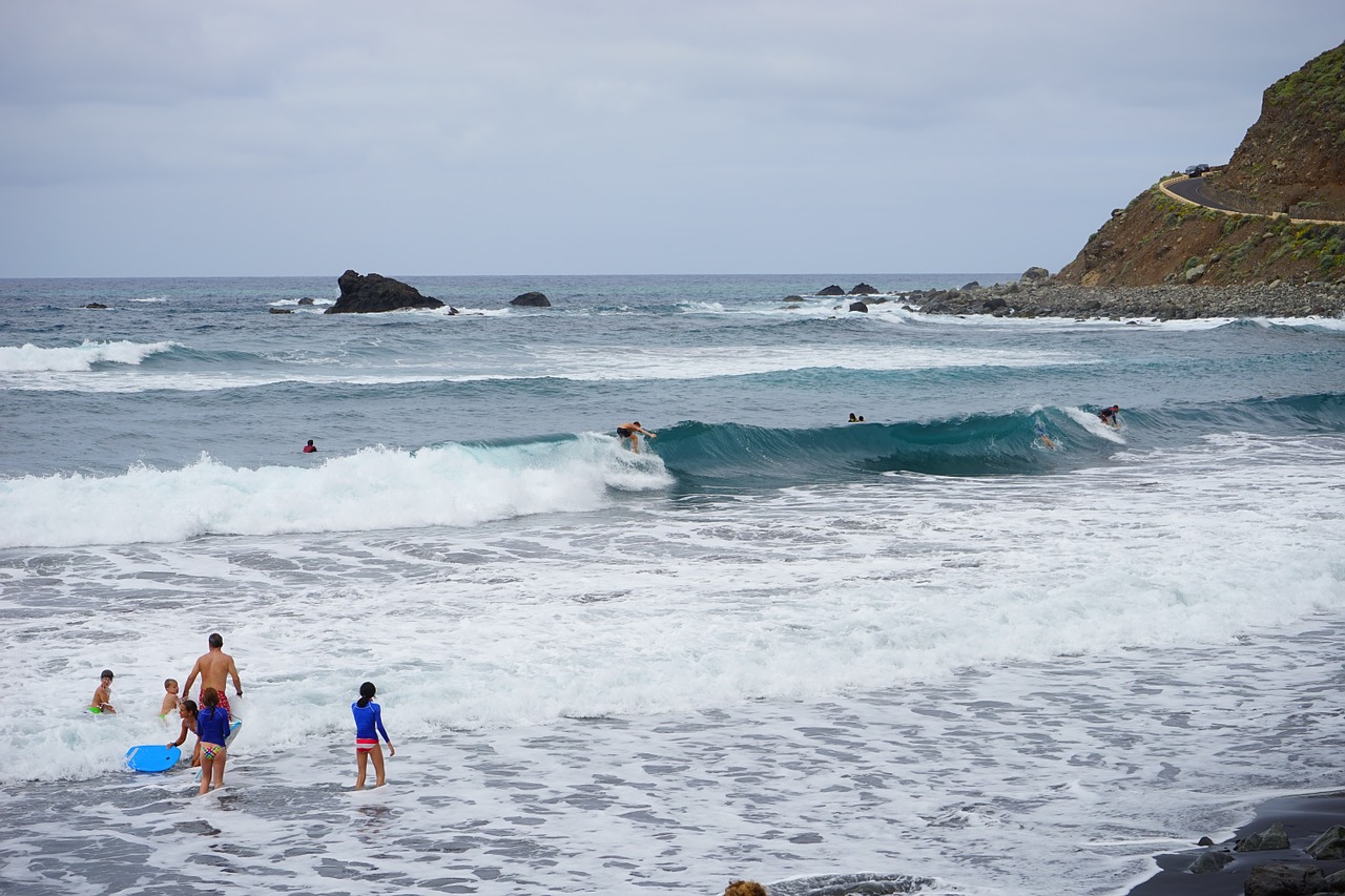 Vanduo, Banga, Jūra, Surfer, Linksma Maudytis, Papludimys, Lava, Smėlis, Tenerifė, Lavos Smėlis