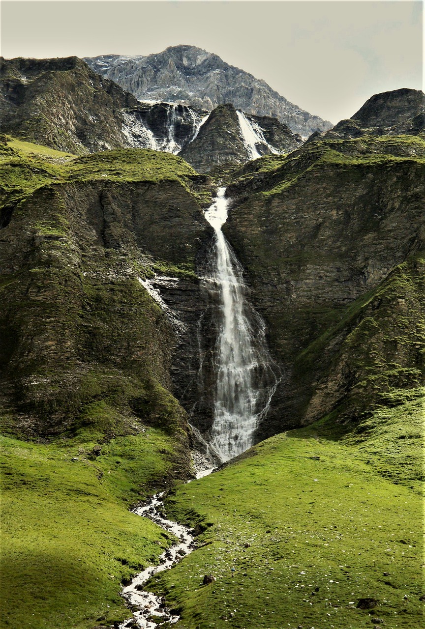 Krioklys, Ledinis Ežeras, Kalnai, Šveicarija, Kraštovaizdis, Kalnas, Panorama, Gamta, Panoraminis Vaizdas, Dangus