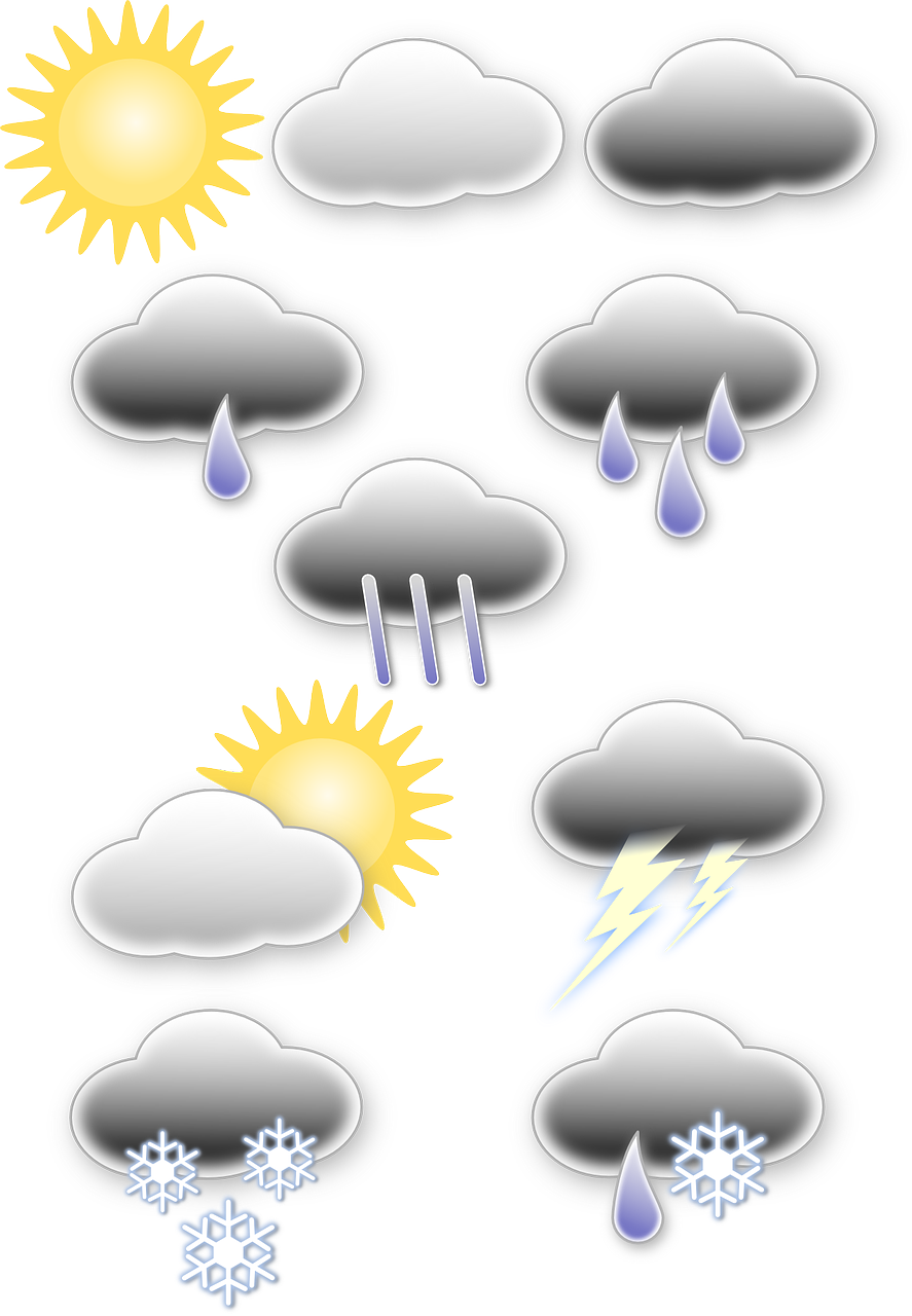 Oras, Piktogramos, Debesis, Meteorologija, Lietus, Dušas, Sniegas, Sniegas, Saulė, Simboliai