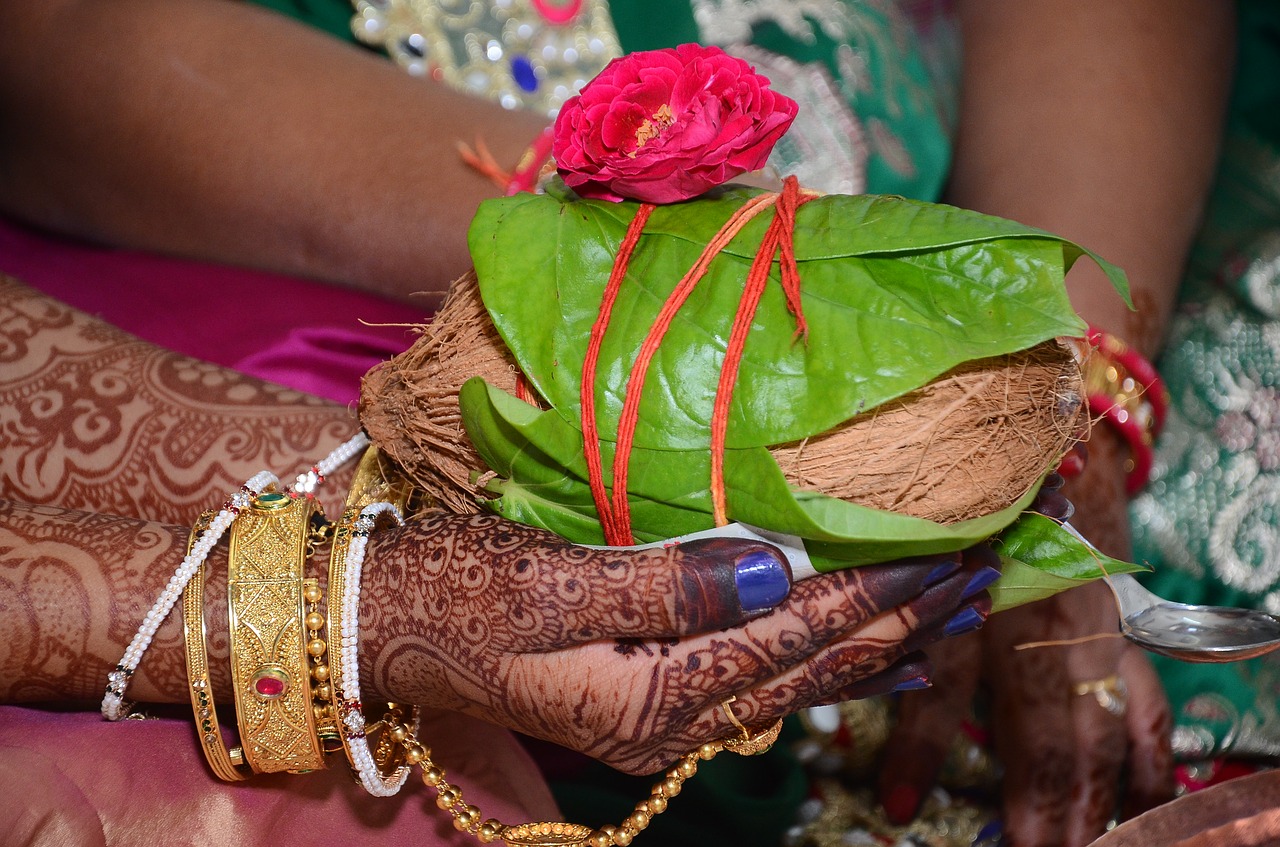 Vestuvės,  Santuoka,  Indijos,  Hindu,  Moteris,  Patinas,  Kokoso,  Auksas,  Papuošalai,  Lapai