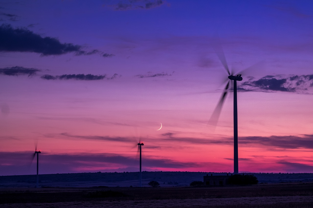 Vėjo Jėgainių Parkas, Vėjas, Saulėlydis, Vėjo Ašmenys, Vėjo Turbinos, Atsinaujinanti Energija, Luna, Nemokamos Nuotraukos,  Nemokama Licenzija