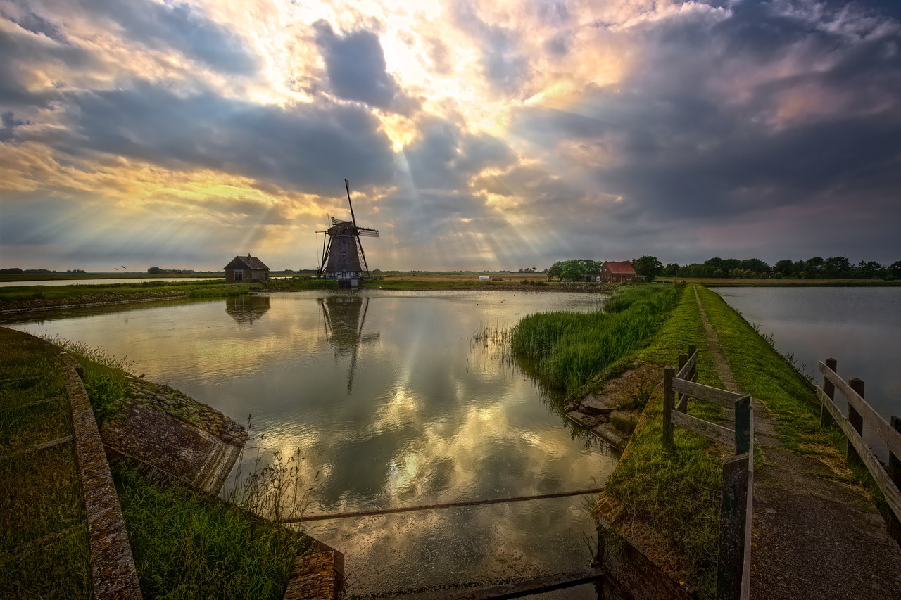 Vėjo Malūnas, Texel, Nyderlandai, Šventė, Tvenkinys, Dike, Vasara, Holland, Debesys, Dangus