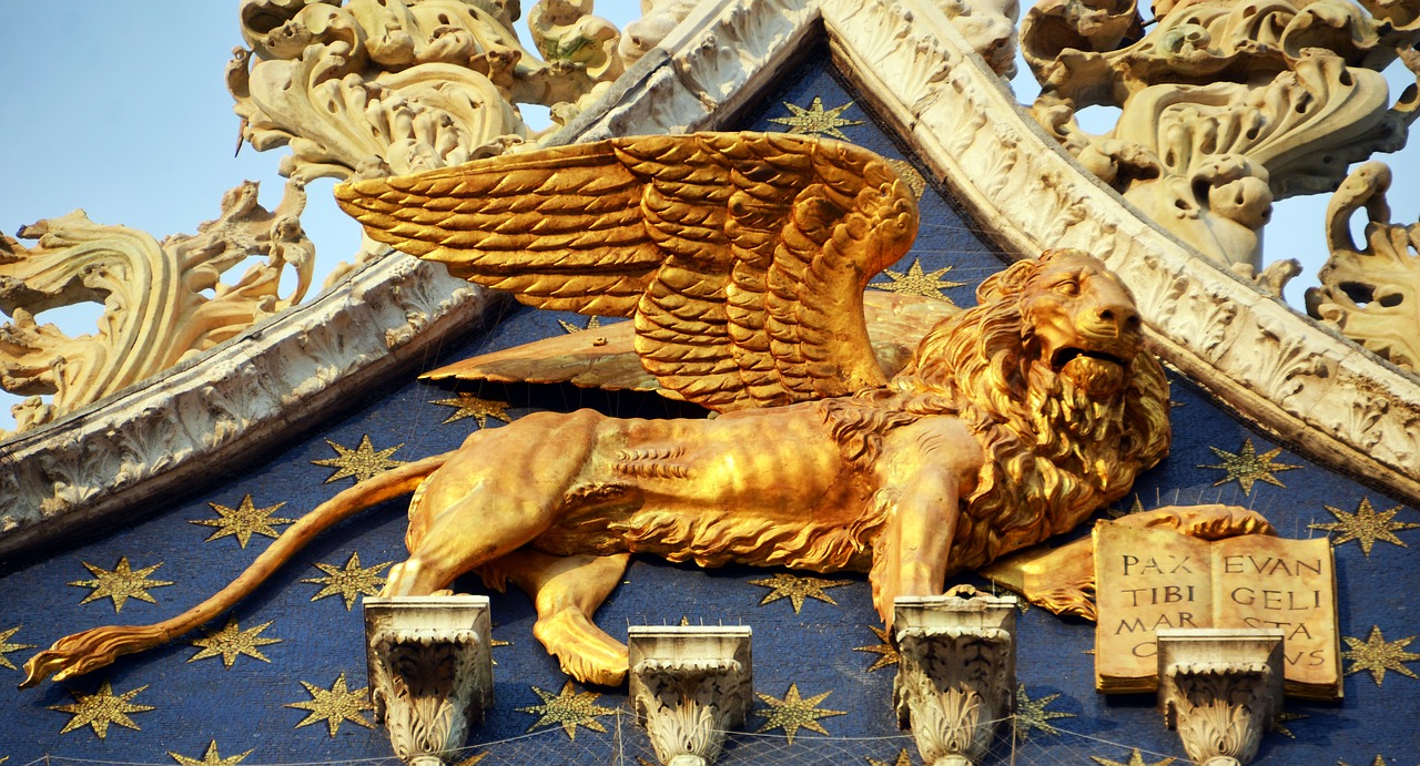 Sparnuotas Liūtas, Venecija, St Ženklo Bazilika, Auksas, Dom, Skulptūra, Apsaugai, Statula, Herbas, Italy