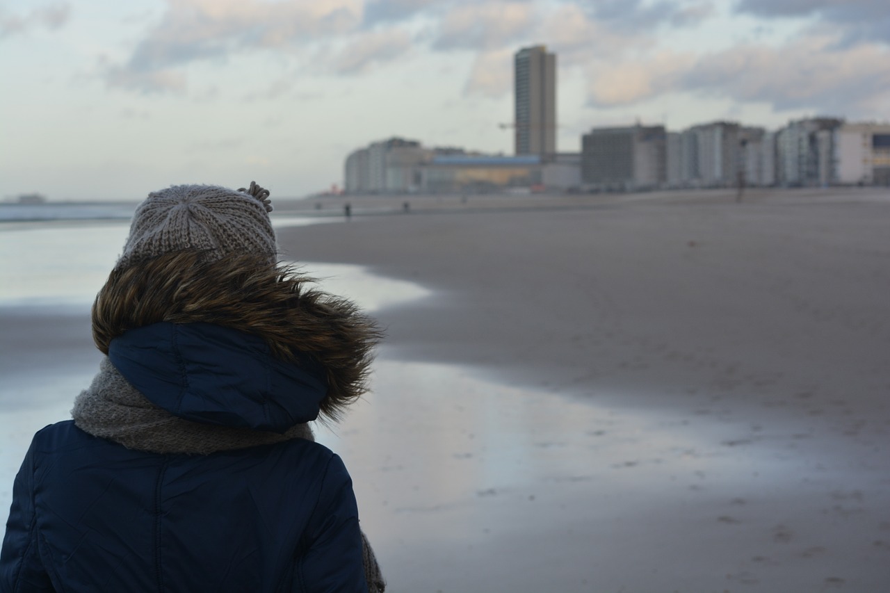 Žiema, Žiemos Drabužiai, Vaikščioti Paplūdimyje, Moteris, Striukė, Žmonės, Gaubtas, Papludimys, Oostende, Pastatai