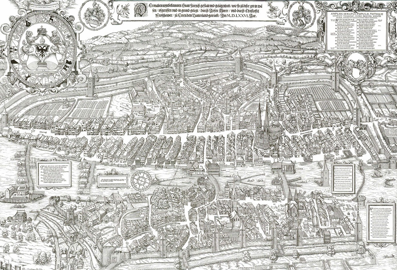 Medžio Pjovimas, Miestas, Žemėlapis, Zurich, Murerplan, Šveicarija, 1576, Nemokamos Nuotraukos,  Nemokama Licenzija