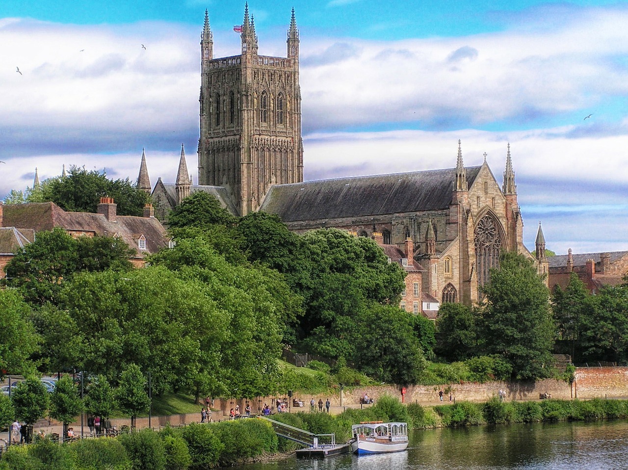 Worcester, Anglija, Katedra, Bažnyčia, Architektūra, Upė, Vanduo, Apmąstymai, Medžiai, Dangus