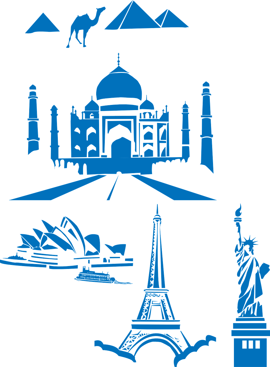 Pasaulis, Orientyrai, Taj Mahal, Indija, Eifelis, Bokštas, Paris, Sidnėjaus Operos Rūmai, Laisvės Statula, Piramidės