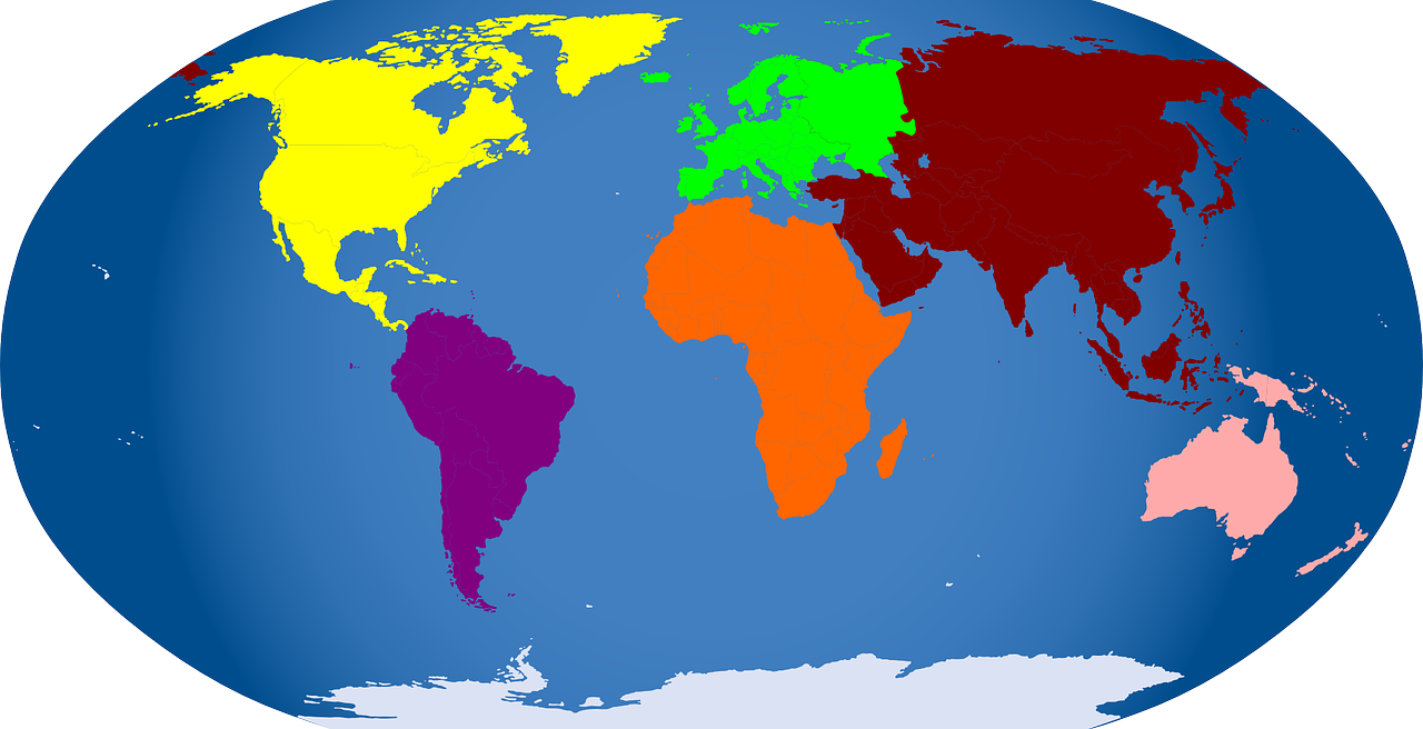 Pasaulio Žemėlapis, Žemynai, Afrika, Antarctica, Asija, Europa, Gaublys, Šiaurės Amerika, Okeanija, Pietų Amerika