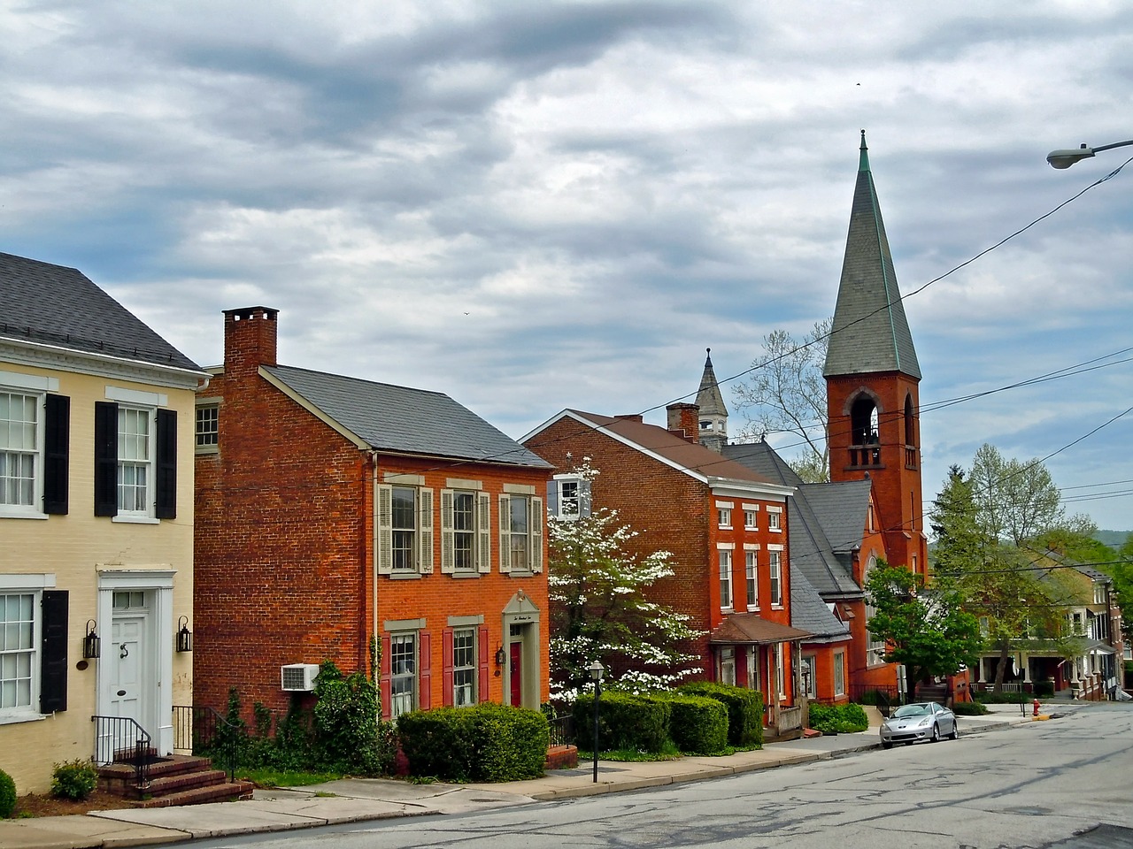 Wrightsvilis, Pennsylvania, Miestas, Bažnyčia, Pastatai, Architektūra, Gatvė, Panorama, Vaizdingas, Medžiai