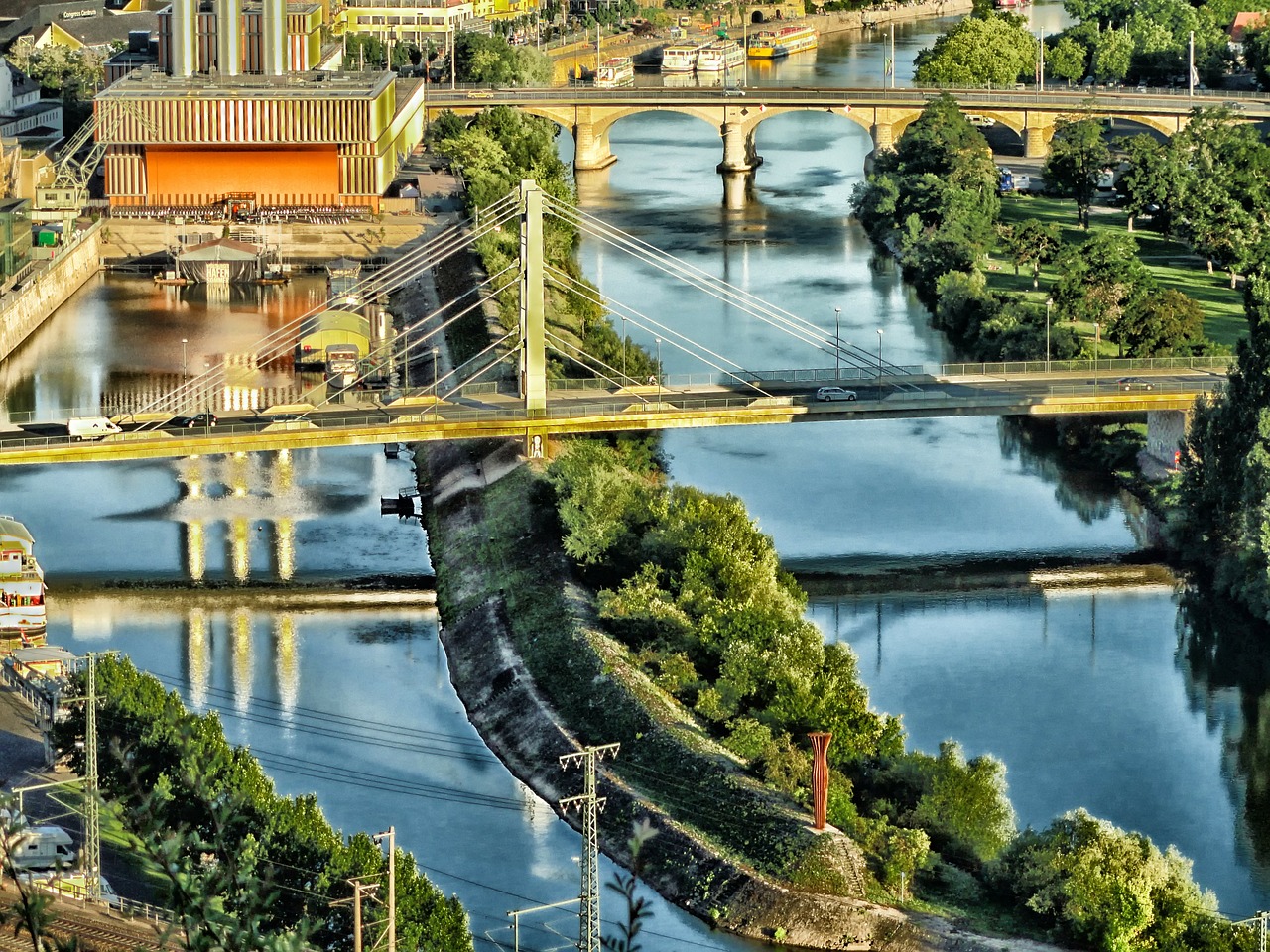 Würzburg, Vokietija, Tiltai, Upė, Vanduo, Apmąstymai, Hdr, Architektūra, Medžiai, Lauke