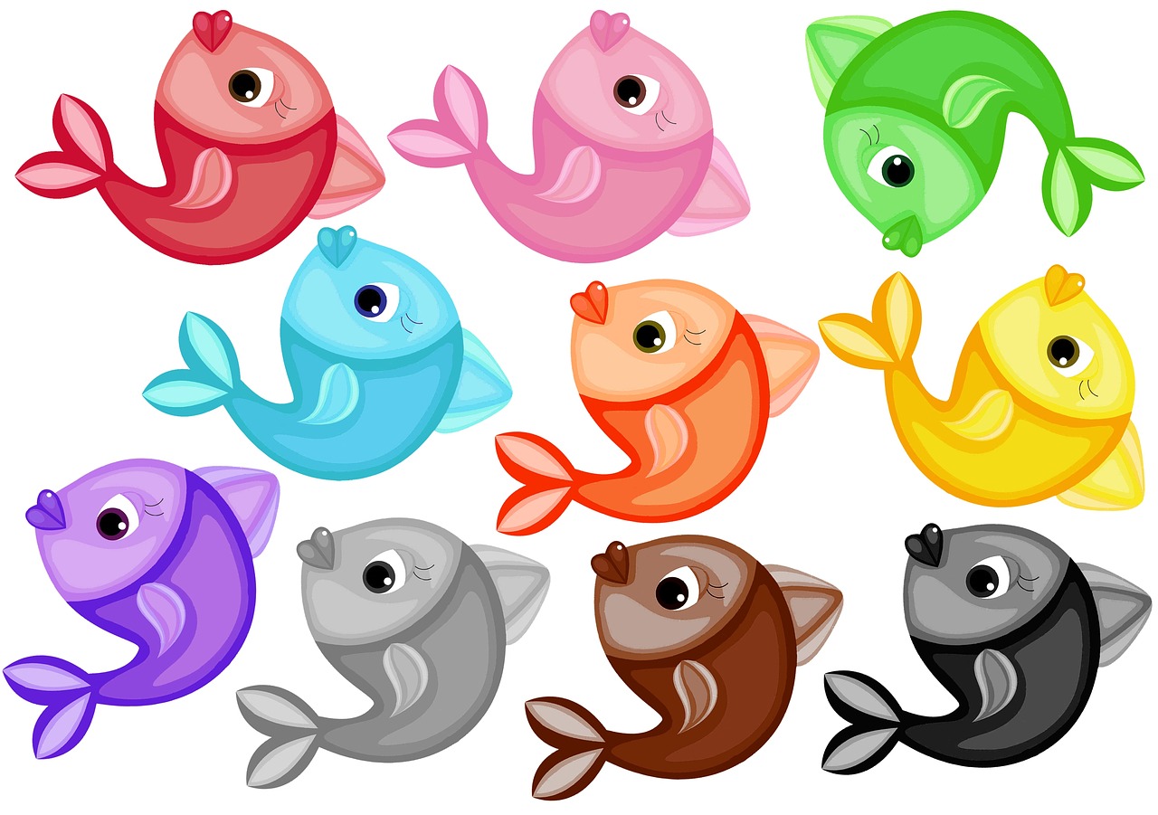Geltona Žuvis, Rudos Žuvys, Mėlyna Žuvis, Žalia Žuvis, Rožinė Žuvis, Balta Žuvis, Juoda Žuvis, Pilka Žuvis, Oranžinė Žuvis, Violetinės Žuvys