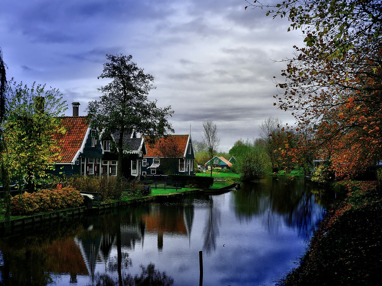 Zaanse Schans, Nyderlandai, Vaizdas, Miestas, Namai, Ruduo, Architektūra, Istorinis, Orientyras, Dangus