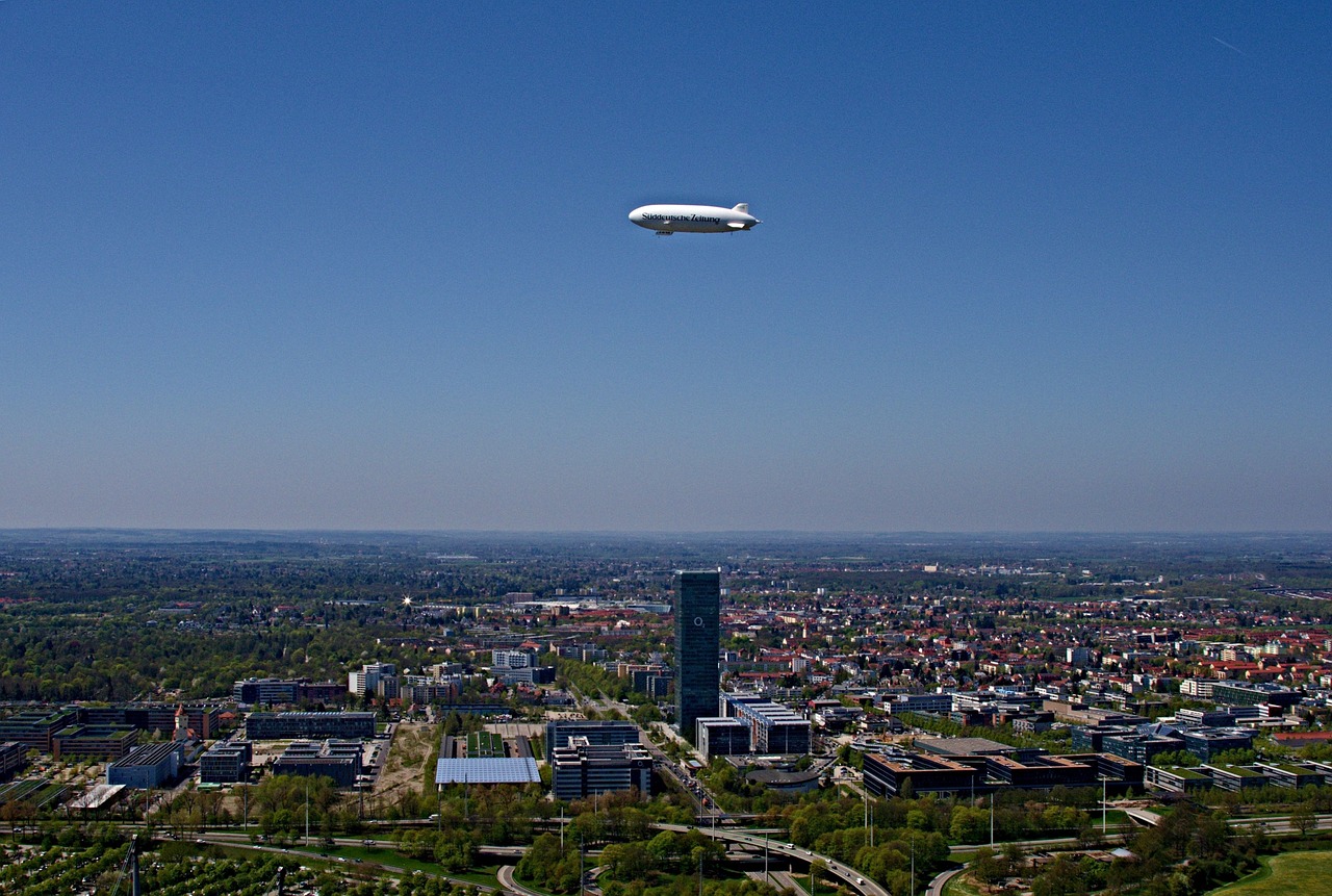 Zeppelinas, Sueddeutsche, Munich, Olimpinis Parkas, Dangus, Dirižablis, Architektūra, Olimpiados Bokštas, Miesto Ribos, Išradingumas