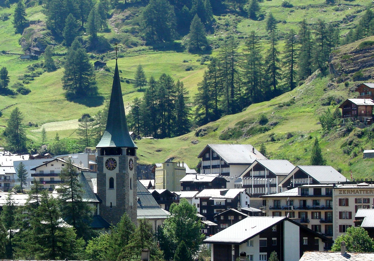 Zermatt, Šveicarija, Matterhorn, Alpės, Kaimas, Kotedžai, Žalias, Bažnyčia, Alpių, Peizažas