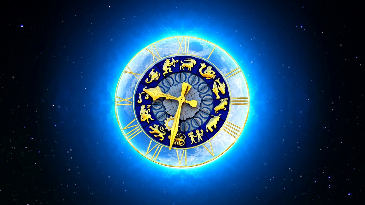 Zodiako Ženklas, Žvaigždėtas Dangus, Laikrodis, Mėnulis, Nemokamos Nuotraukos,  Nemokama Licenzija