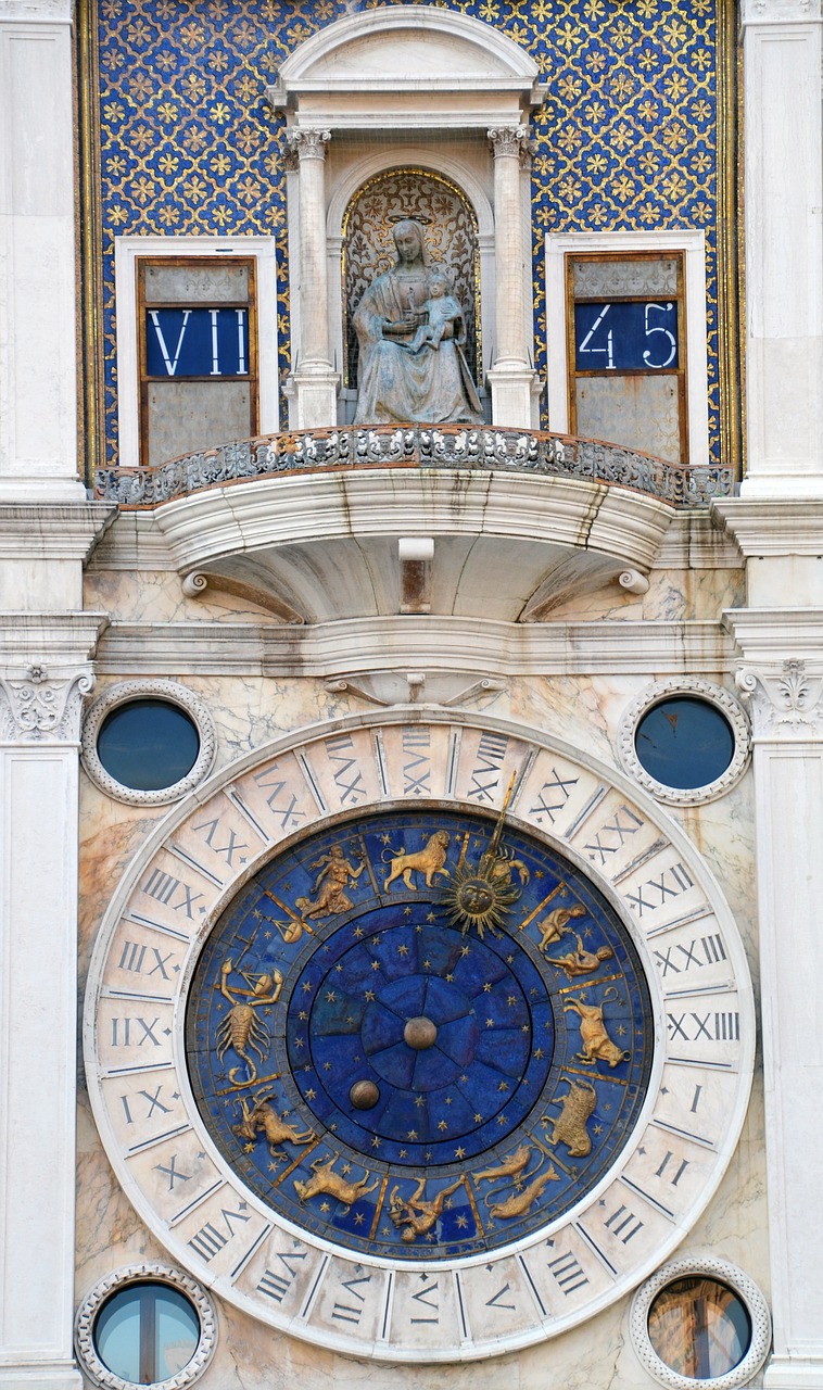 Zodiako Ženklas, Laikas, Laikrodis, Astrologija, Venecija, Skaitmenys, Bokštas, Auksas, Mėlynas, Surinkti