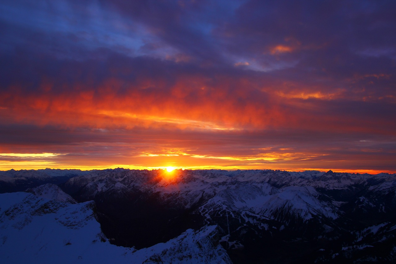 Zugspitze, Bavarija, Afterglow, Žiema, Sniegas, Panorama, Alpių, Aukščiausiojo Lygio Susitikimas, Dangus, Kalnas