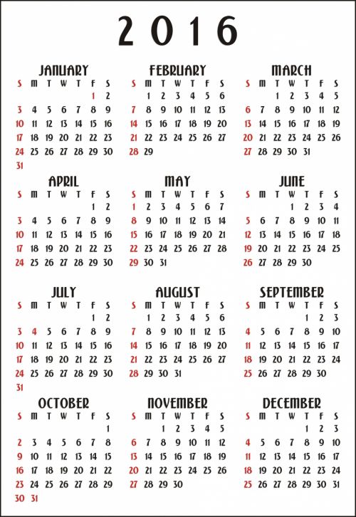 Kalendorius,  2016 & Nbsp,  Kalendorius,  Mėnesių,  Dienos,  Metai,  Vertikalus,  12 Mėnesių Kalendorius 2016 Vertikalus