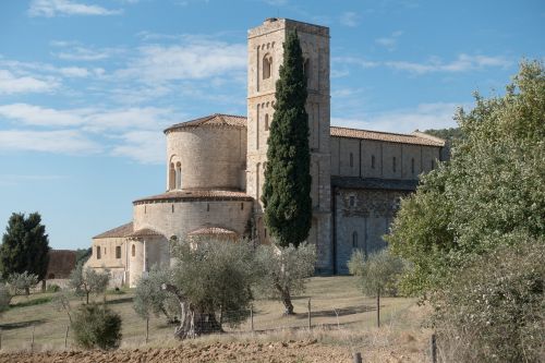 Abatija, Vienuolynas, Bažnyčia, Romanesque, Toskana, Italy, San Antimo, Montalcino, Benediktinas, Alyvmedis, Kiparisas