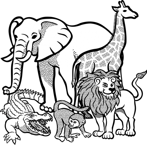 Afrika, Gyvūnas, Gyvūnai, Krokodilas, Dramblys, Žirafa, Džiunglės, Liūtas, Beždžionė, Laukiniai, Nemokama Vektorinė Grafika