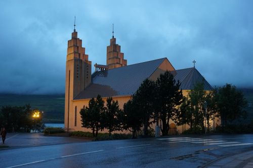 Akureyri, Bažnyčia, Iceland, Abendstimmung, Apšviestas