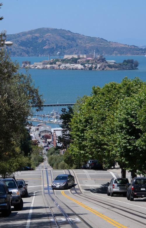 Alcatraz, San Franciskas, Usa, Vanduo, Vasara, Natūralus, Dangus, Mėlynas, Kalifornija, Kalnai, Jūra, Jūra, Kalėjimas, Kelias, Kietas, Eismas, Vaizdas