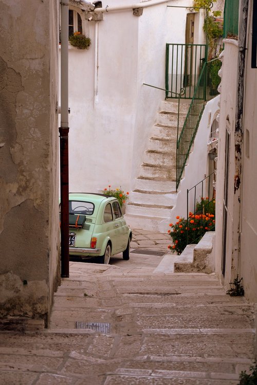 Alėja,  Vintage Automobilis,  Laiptai,  Nusileidimas,  Gėlės,  Monte Santangelo,  Gargano,  Apulija