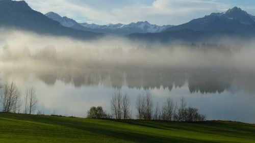 Allgäu, Ežeras Forggensee, Ruduo, Rūkas, Miterio Galas, Füssen, Panorama, Vandens Atspindys