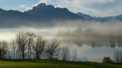 Allgäu, Ežeras Forggensee, Ruduo, Rūkas, Pasivalu, Füssen, Panorama, Vandens Spieglung