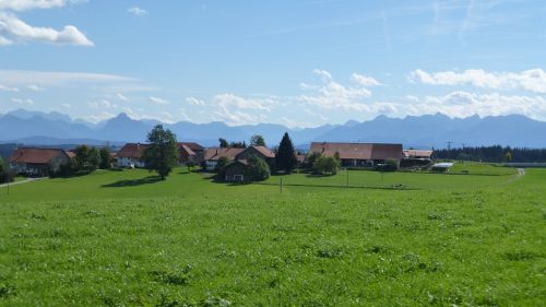 Allgäu, Kalnai, Kaimas, Pieva, Saulė, Panorama, Perspektyva