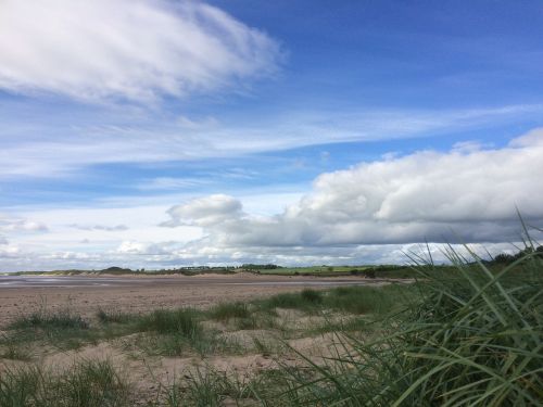 Alnmouth, Northumberland, Debesis, Vasara, Atostogos, Žolė, Smėlis, Papludimys, Dangus