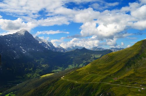 Alpių, Šveicarija, Panorama, Eigeris, Pirmoji, Pirmas, Grindelwald, Žolė, Kalnas, Kalnai, Rokas, Sniegas, Dangus, Debesys, Mėlynas