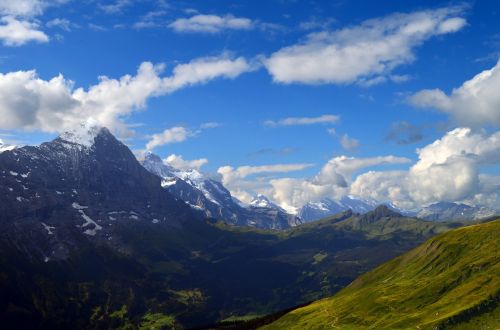 Alpių, Panorama, Eigeris, Vienuolis, Pirmoji, Pieva, Rokas, Kraštovaizdis, Kalnų Peizažas, Žygiai, Pirmas, Grindelwald, Sniegas, Kalnų