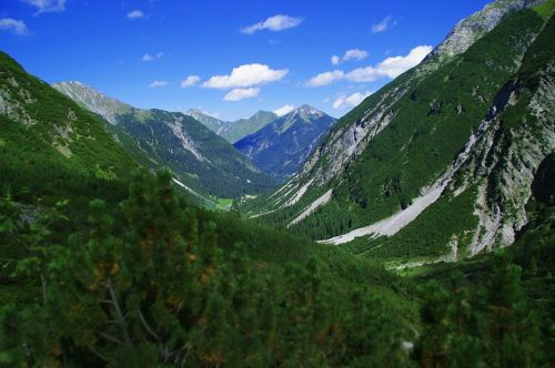 Alpės, Slėnis, Kraštovaizdis, Austria, Gamta, Kalnas, Lauke, Vaizdas, Mėlynas, Miškas, Vasara, Panorama