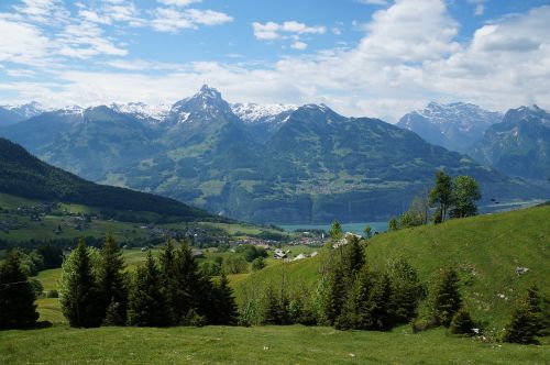 Amden, Panorama, Walensee, Ežeras, Alpių, Kalnas, Gamta, Kraštovaizdis, Šveicarija