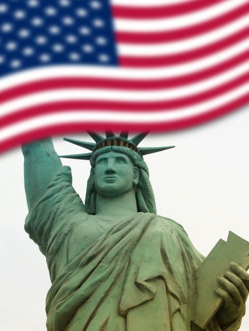 Amerikietis, Laisvės Statula, Usa, Laisvė, Niujorkas, Statula, Paminklas, Jungtinės Valstijos, Mėlynas, Raudona, Vėliava, Žvaigždė