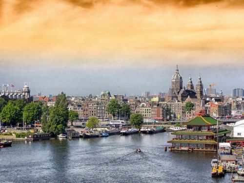 Amsterdamas, Nyderlandai, Pastatai, Architektūra, Hdr, Medžiai, Upė, Vanduo, Apmąstymai, Miestas, Miestai, Miesto, Vasara, Pavasaris