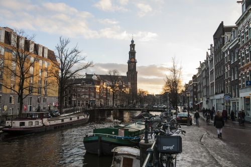 Amsterdamas, Kanalas, Upė, Holland, Europa, Saulėlydis, Bažnyčia
