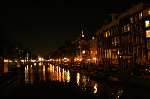 Amsterdamas, Upė, Miestas, Naktis, Žibintai