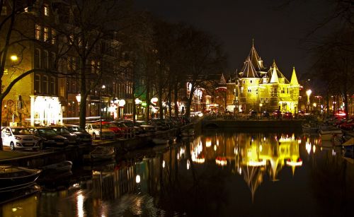 Amsterdamas, Naktis, Žibintai, Kanalas