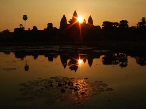 Angkor Wat, Kambodscha, Aušra, Šventykla, Kompleksas, Kambodža, Saulėlydis, Vakaras, Peržiūra, Vanduo, Saulė, Oranžinė, Lelijos Pamokos, Tvenkinys