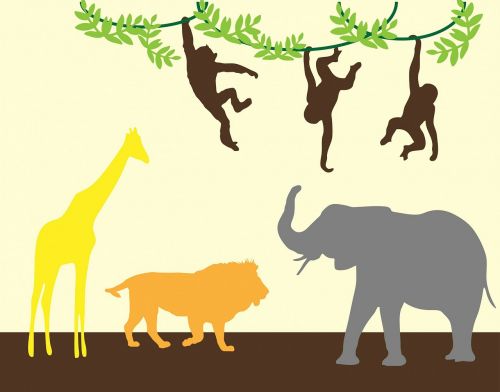 Gyvūnas, Gyvūnai, Džiunglės, Liūtas, Dramblys, Žirafa, Beždžionės, Beždžionė, Mielas, Menas, Siluetas, Siluetai, Spalvinga, Šviesus, Formos, Kontūrai, Laukinė Gamta
