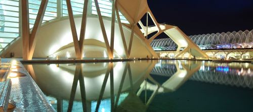 Architektūra, Santiago Calatrava, Atspindys, Vanduo, Tvenkinys, Miestas, Turizmas, Ispanija, Valensija, Meno Miestas, Valence, Pastatas, Šviesa, Naktis