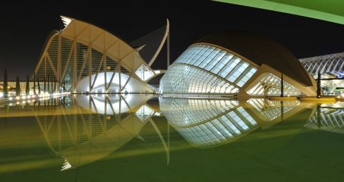 Architektūra, Santiago Calatrava, Atspindys, Vanduo, Tvenkinys, Miestas, Turizmas, Ispanija, Valensija, Meno Miestas, Valence, Pastatas, Šviesa, Naktis